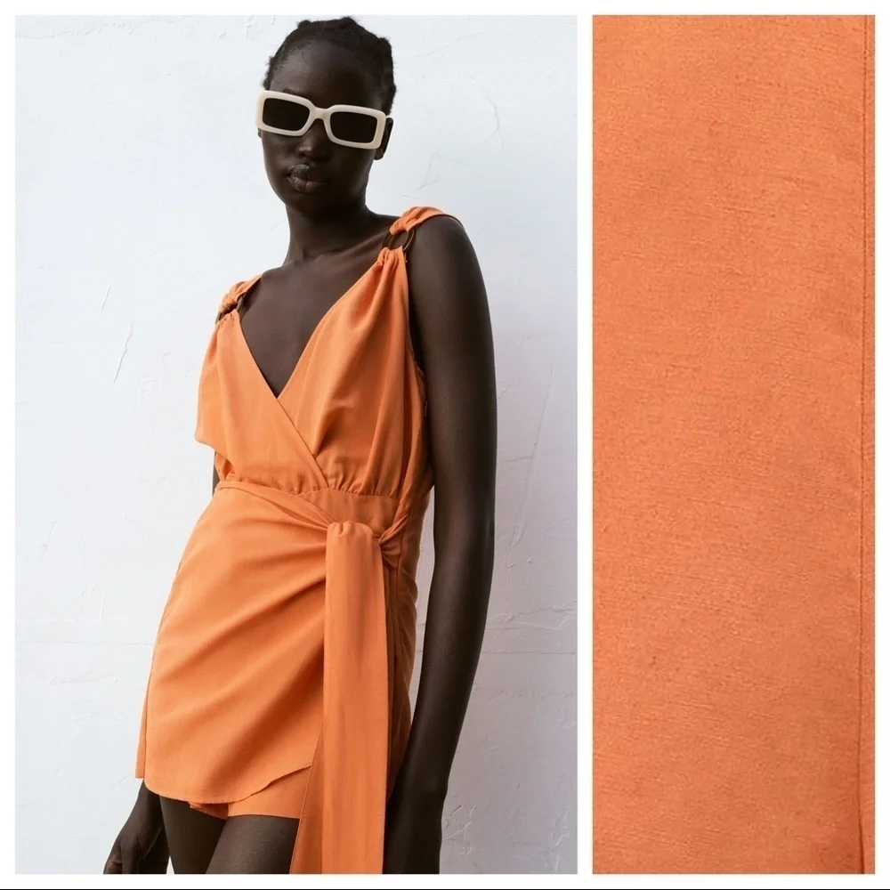 NWT. Zara Orange Crossover Tied Wrap Short Jumpsuit with Bow. Size S.